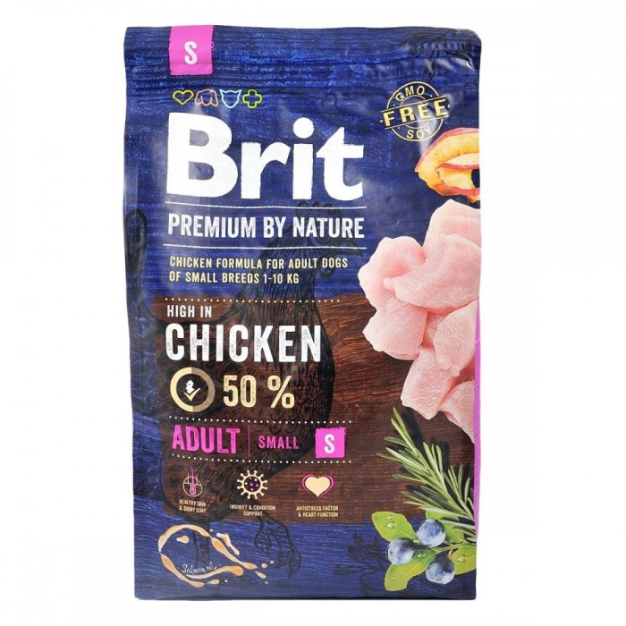 Корм сухий Brit Premium Dog Adult S для дорослих собак дрібних порід вагою 1-10 кг з куркою 3 кг