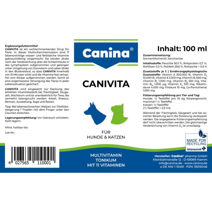 Вітамінний комплекс Canina Canivita для котів та собак універсальний зі швидким ефектом тонік 100 мл
